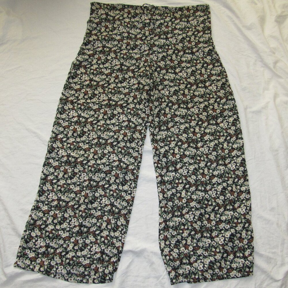 Vtg 90s Y2K 2 Much LA Semi Sheer Black Green Floral Wide Leg Pull On Pants sz M
